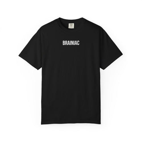 Black t-shirt with 'BRAINIAC' text on a white background