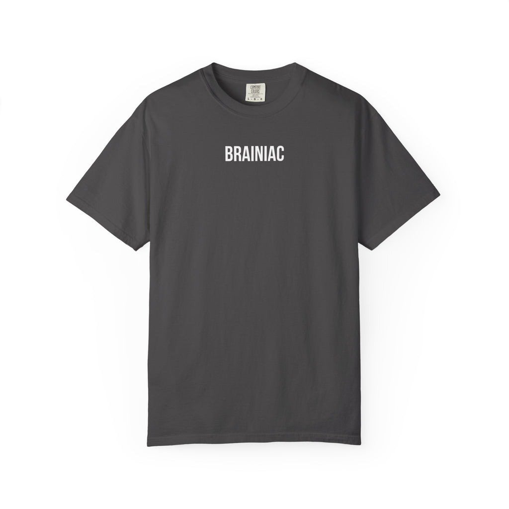 Graphite t-shirt with 'BRAINIAC' text on a white background