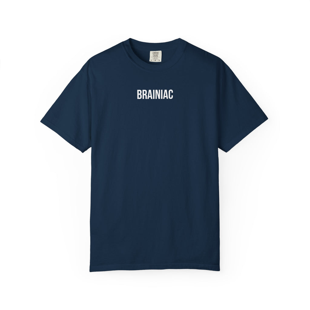 Navy blue t-shirt with 'BRAINIAC' text on a white background