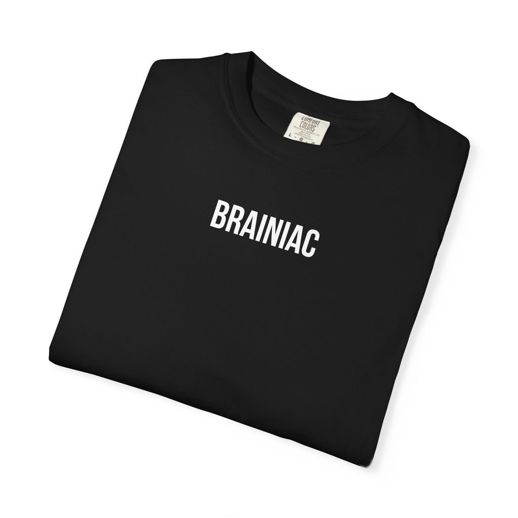 Black t-shirt with 'BRAINIAC' text on a white background