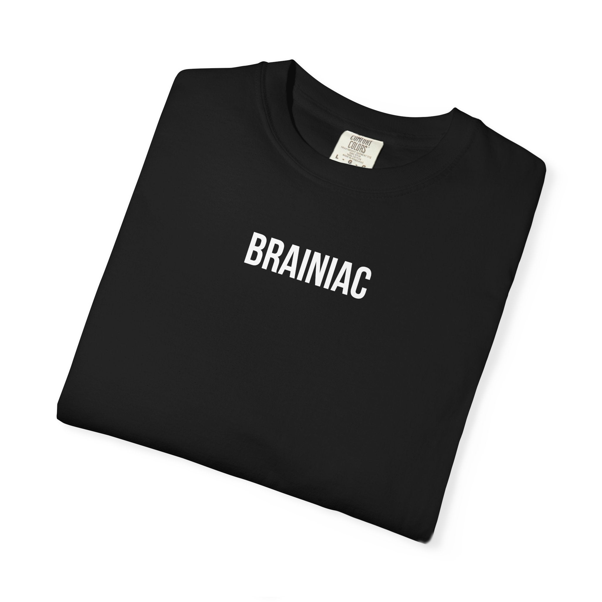 Black t-shirt with 'BRAINIAC' text on a white background