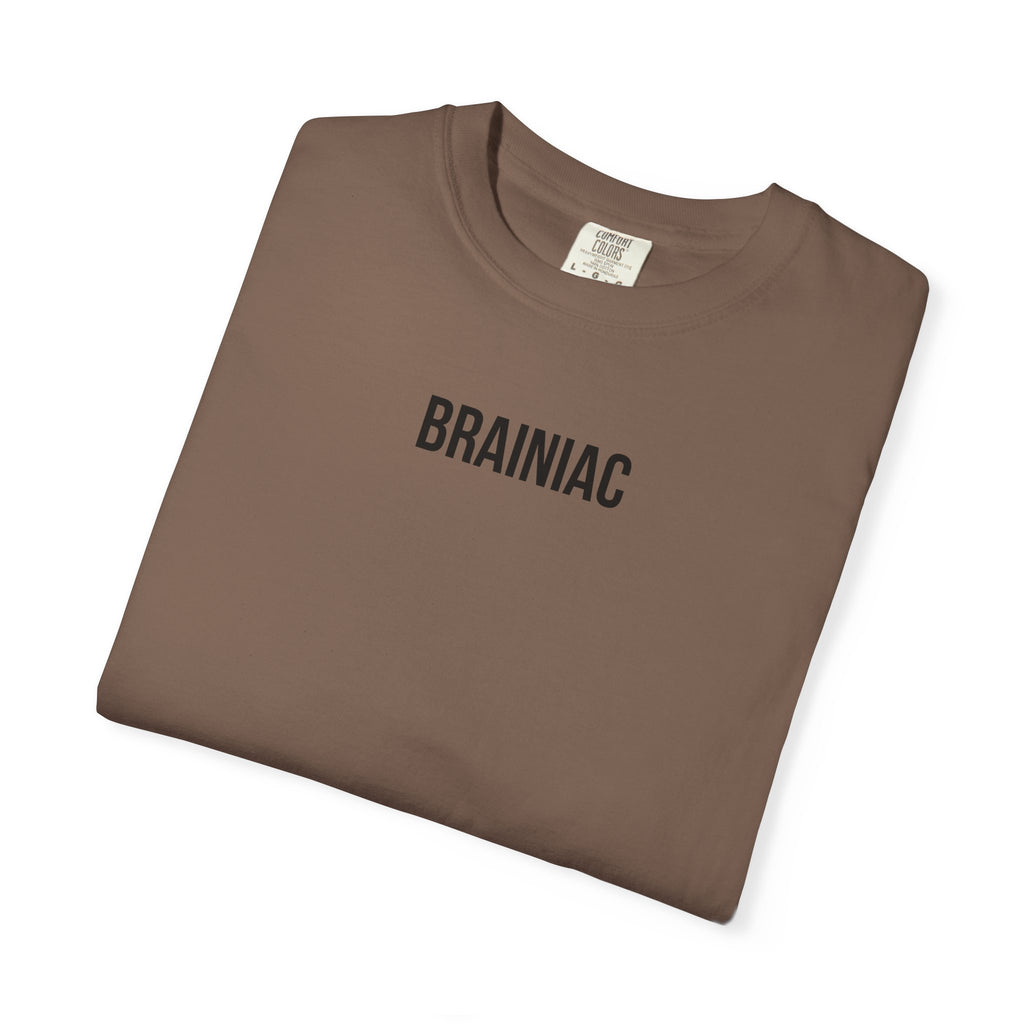 Folded brown t-shirt with 'BRAINIAC' text on a white background