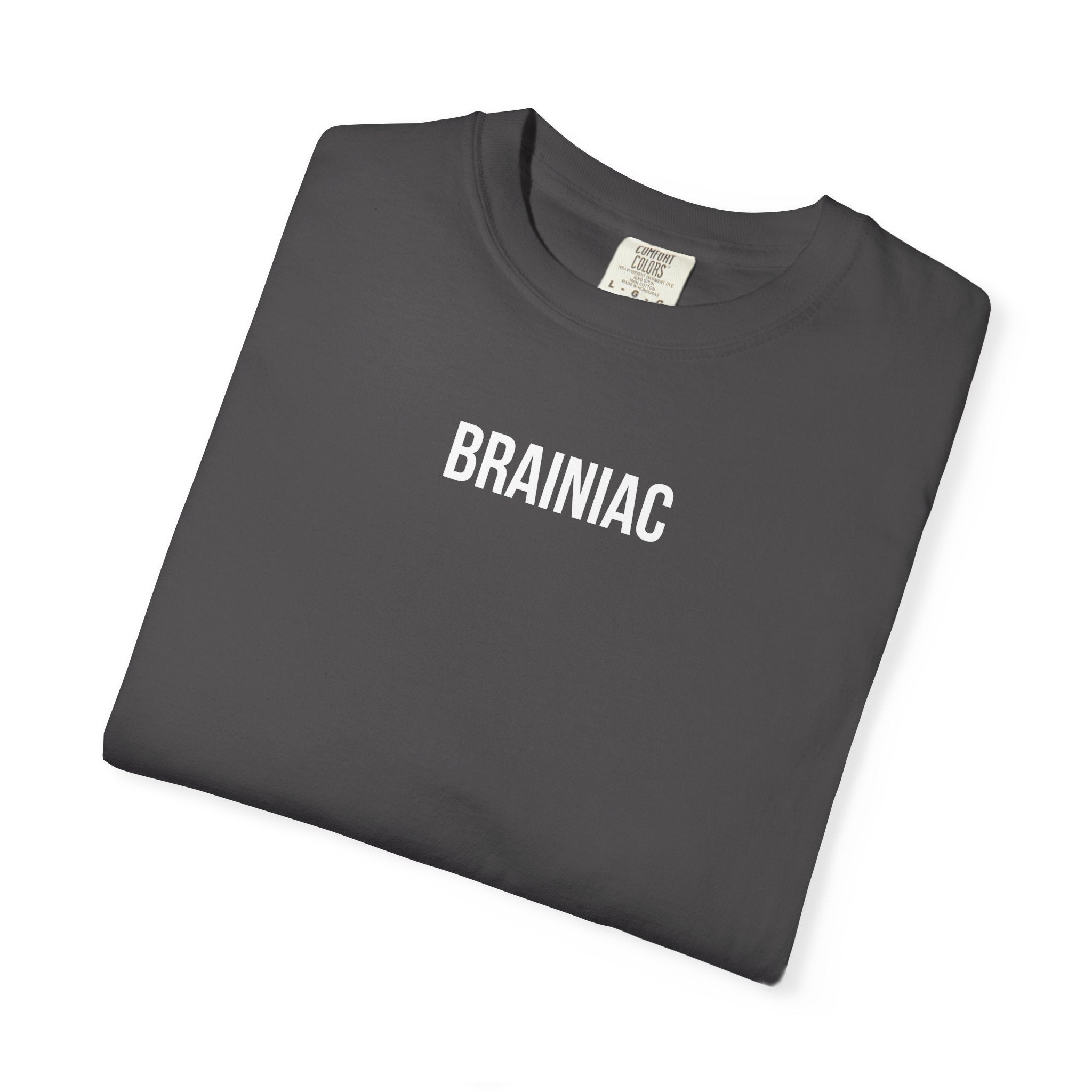 Folded dark gray t-shirt with 'BRAINIAC' text on a white background