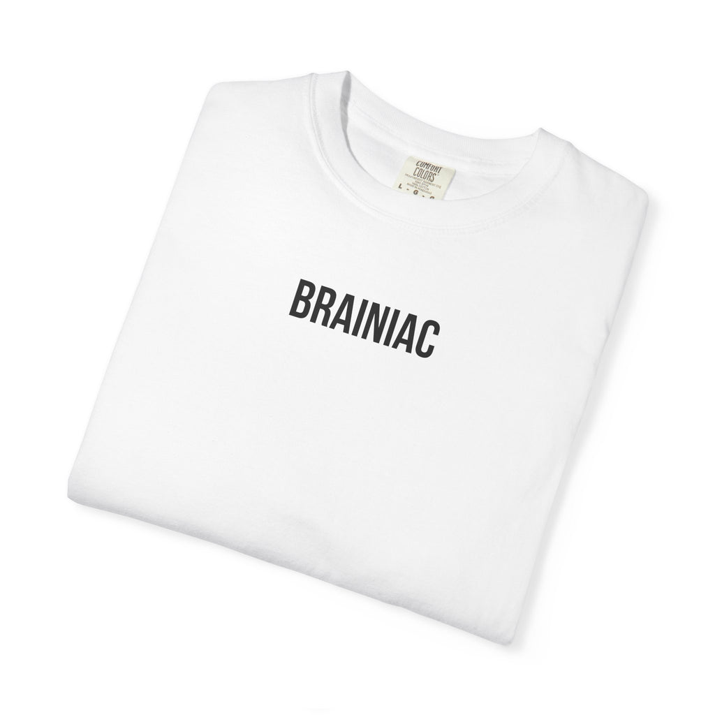 White t-shirt with 'BRAINIAC' text on a white background