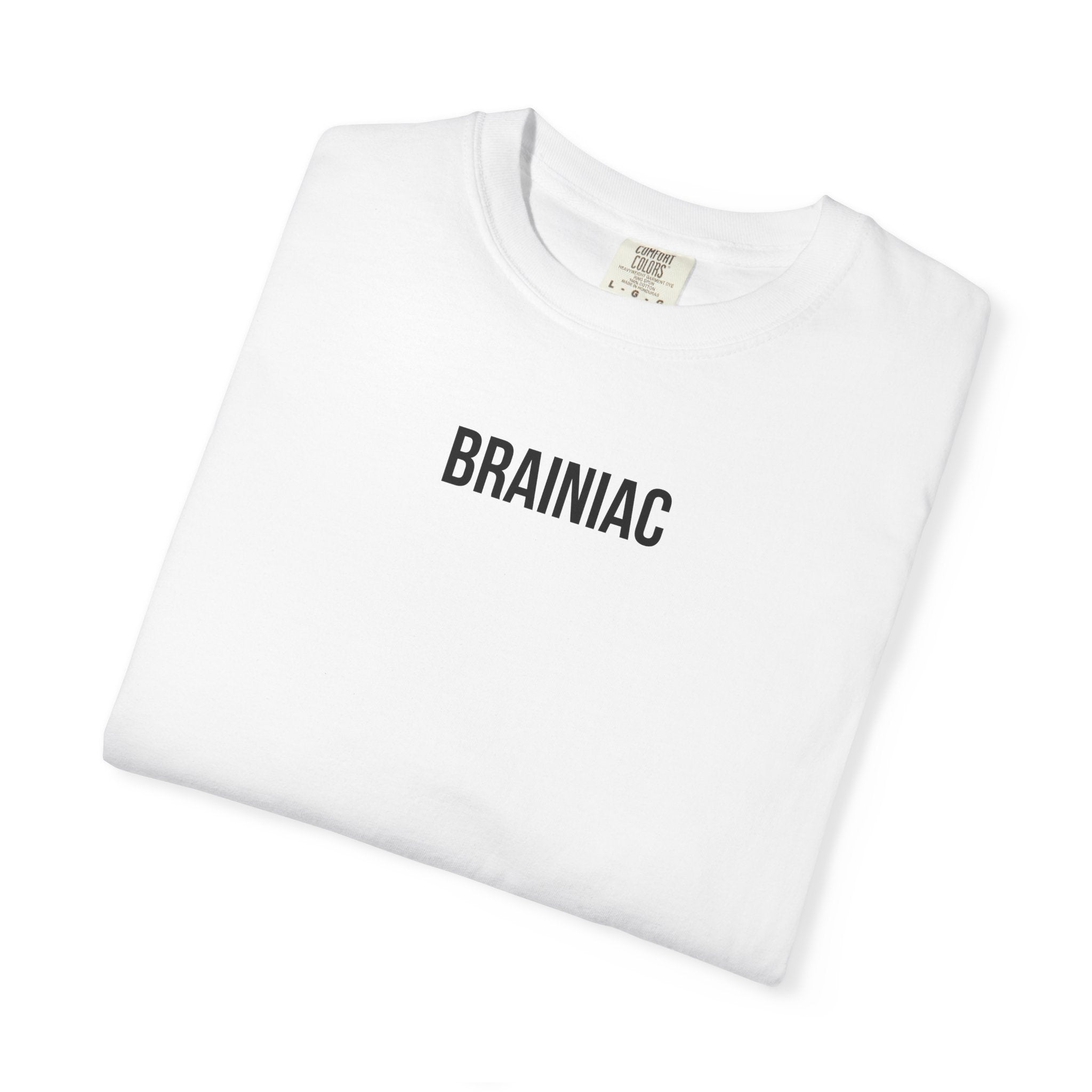 White t-shirt with 'BRAINIAC' text on a white background