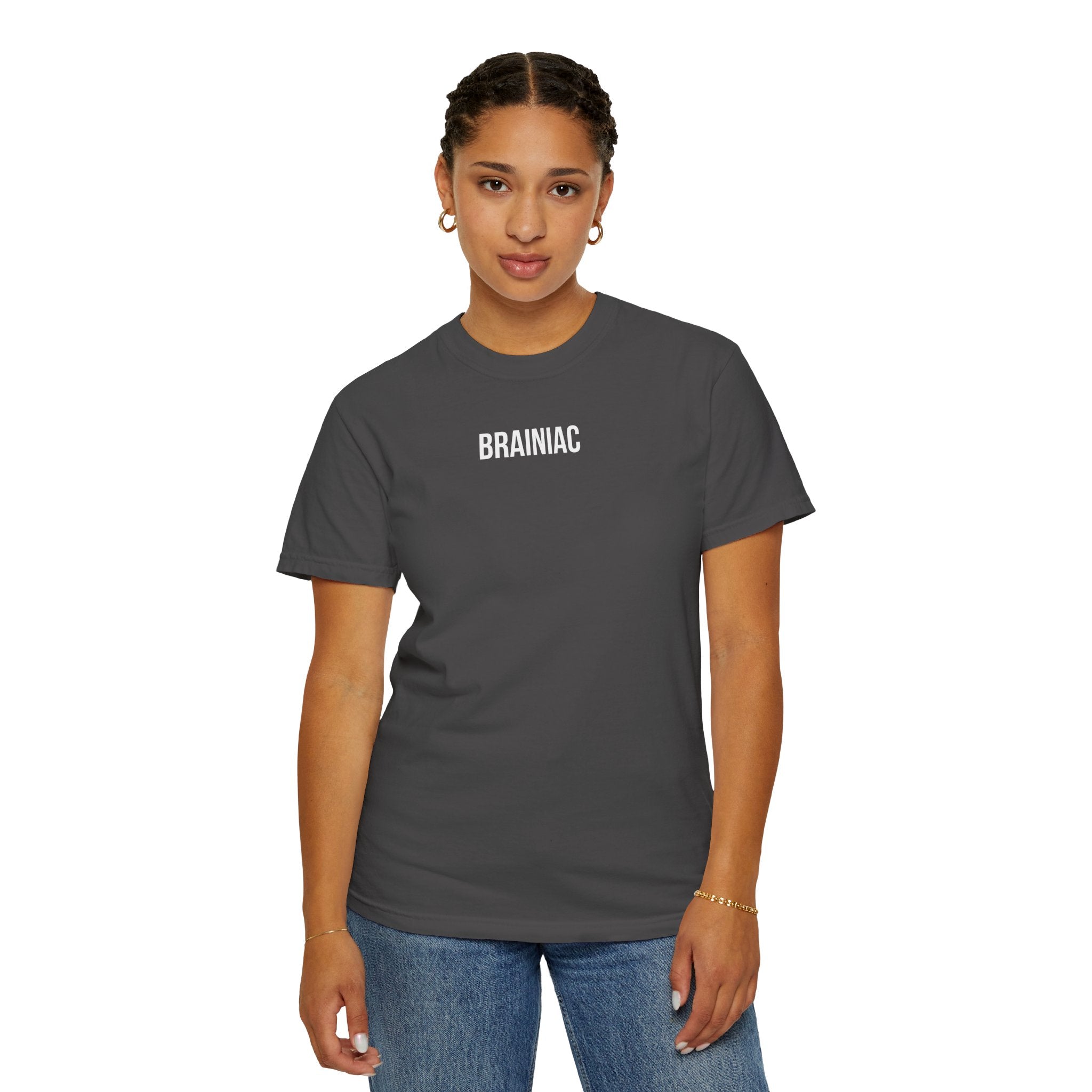 Woman wearing a gray t-shirt with 'BRAINIAC' text on a white background