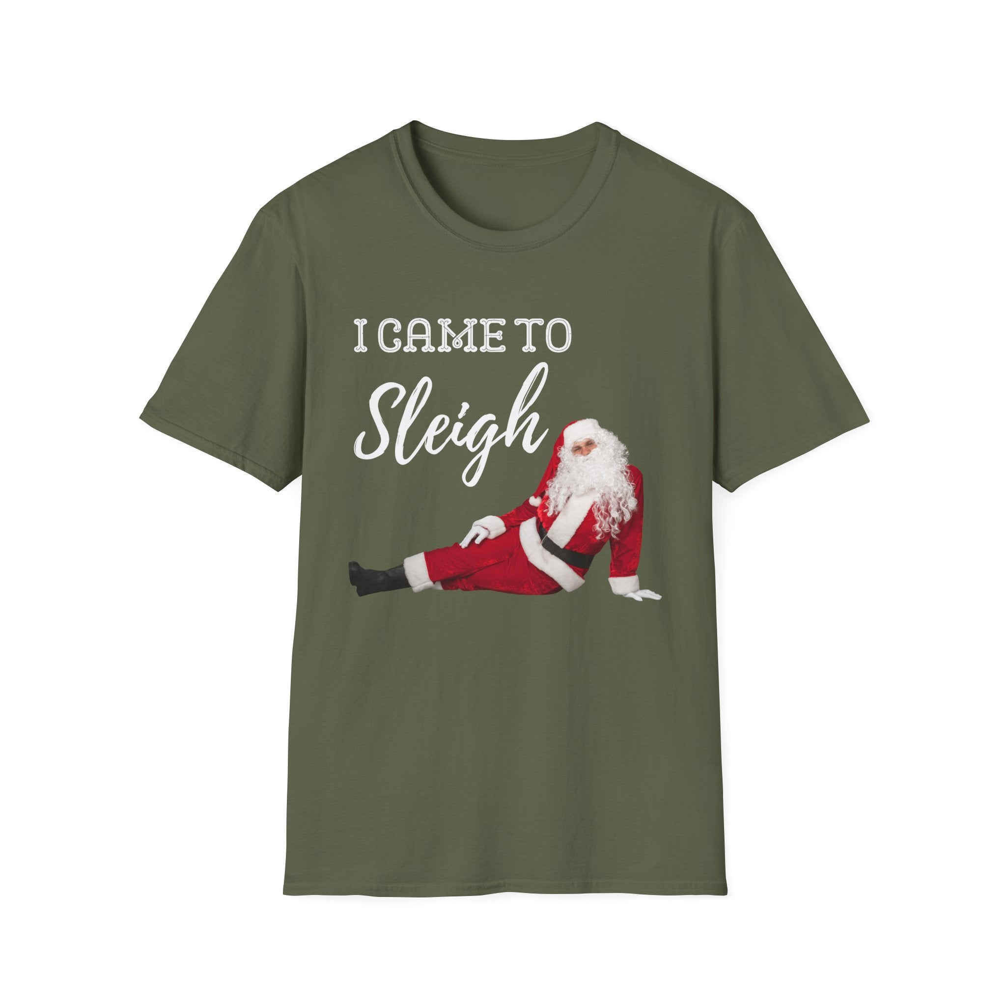 Green t-shirt with Santa Claus graphic and text 'I Game to Sleigh' on a white background