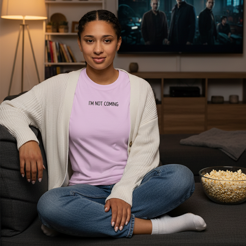 Woman sitting on a couch wearing a light purple t-shirt with text, in a living room setting.