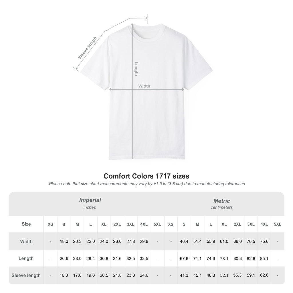 Size chart measurements with a white t-shirt on a white background