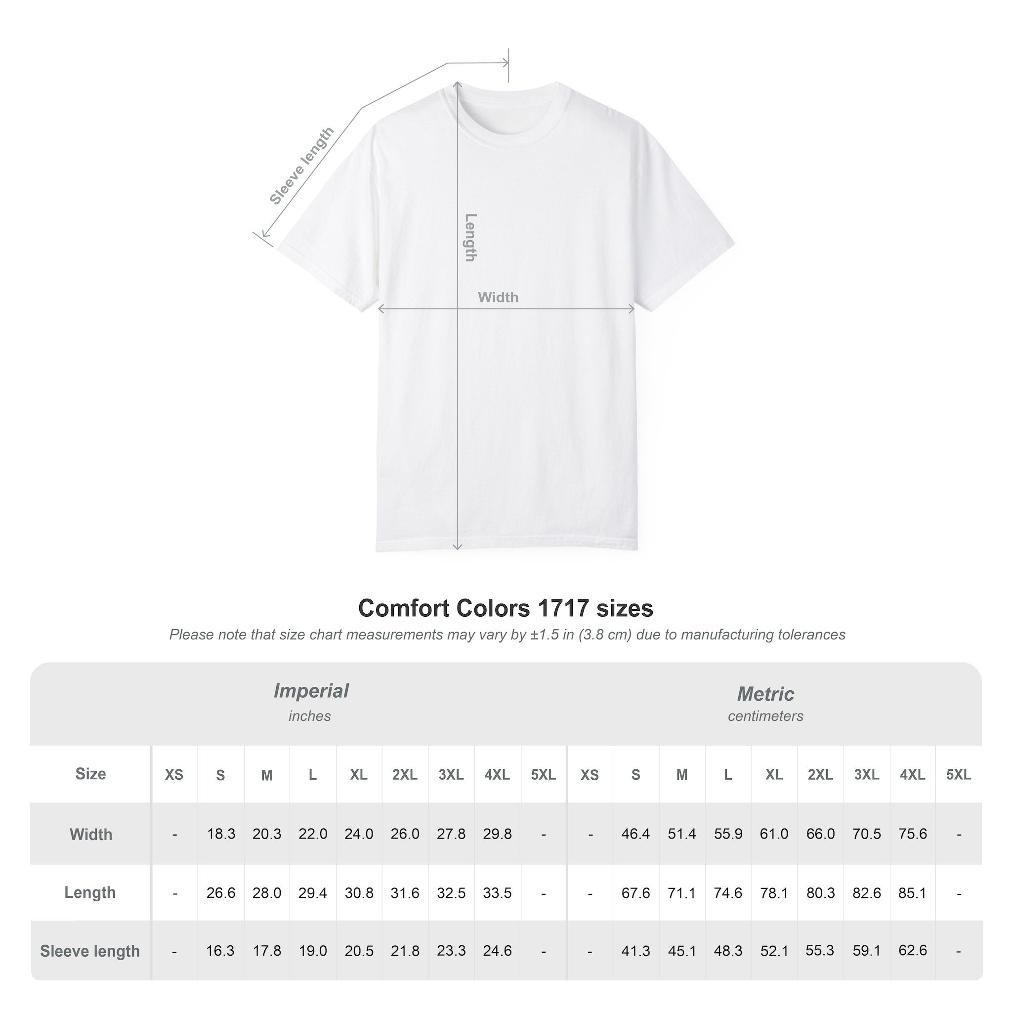 Size chart measurements with a white t-shirt on a white background