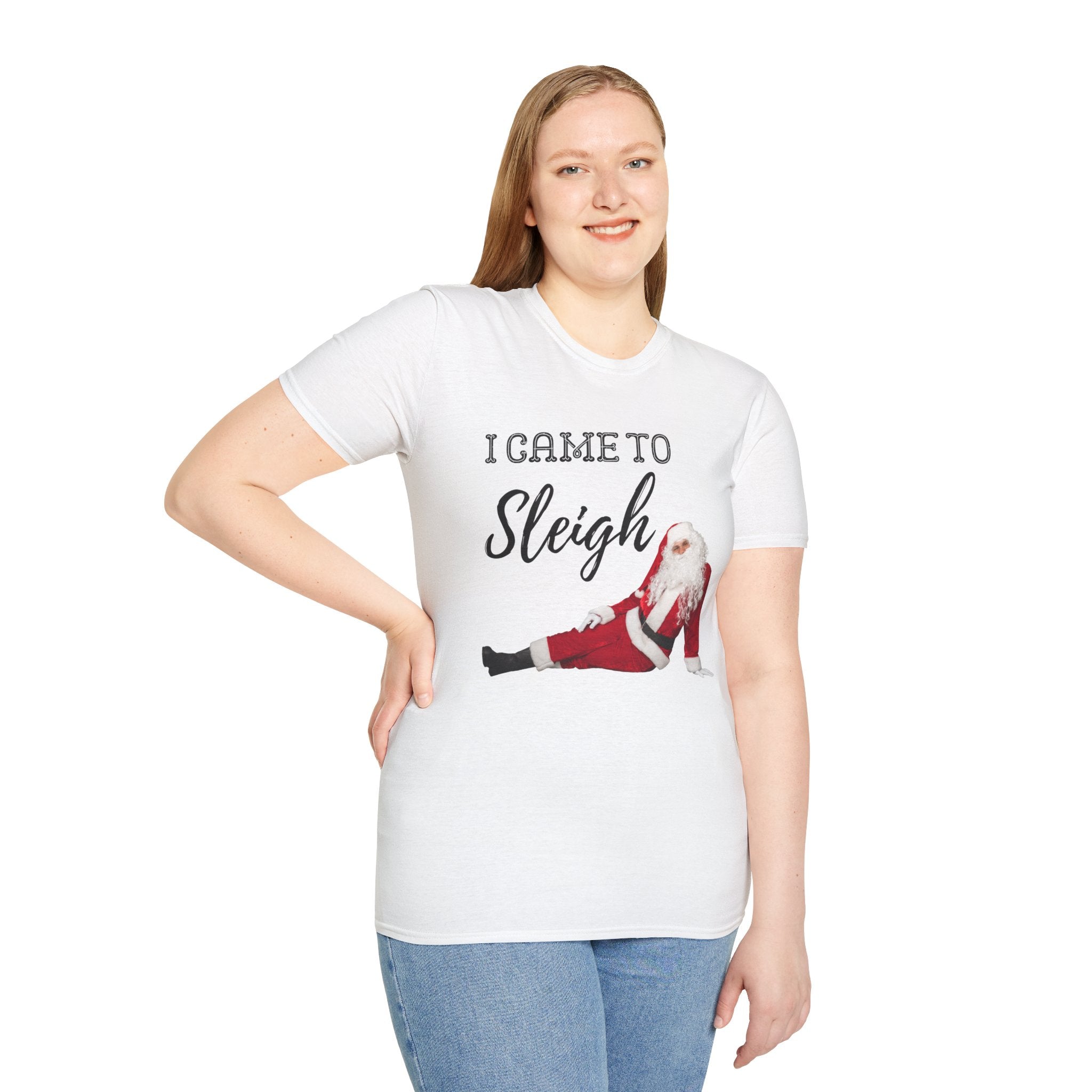 Woman wearing a white t-shirt with a Christmas design and text on a white background